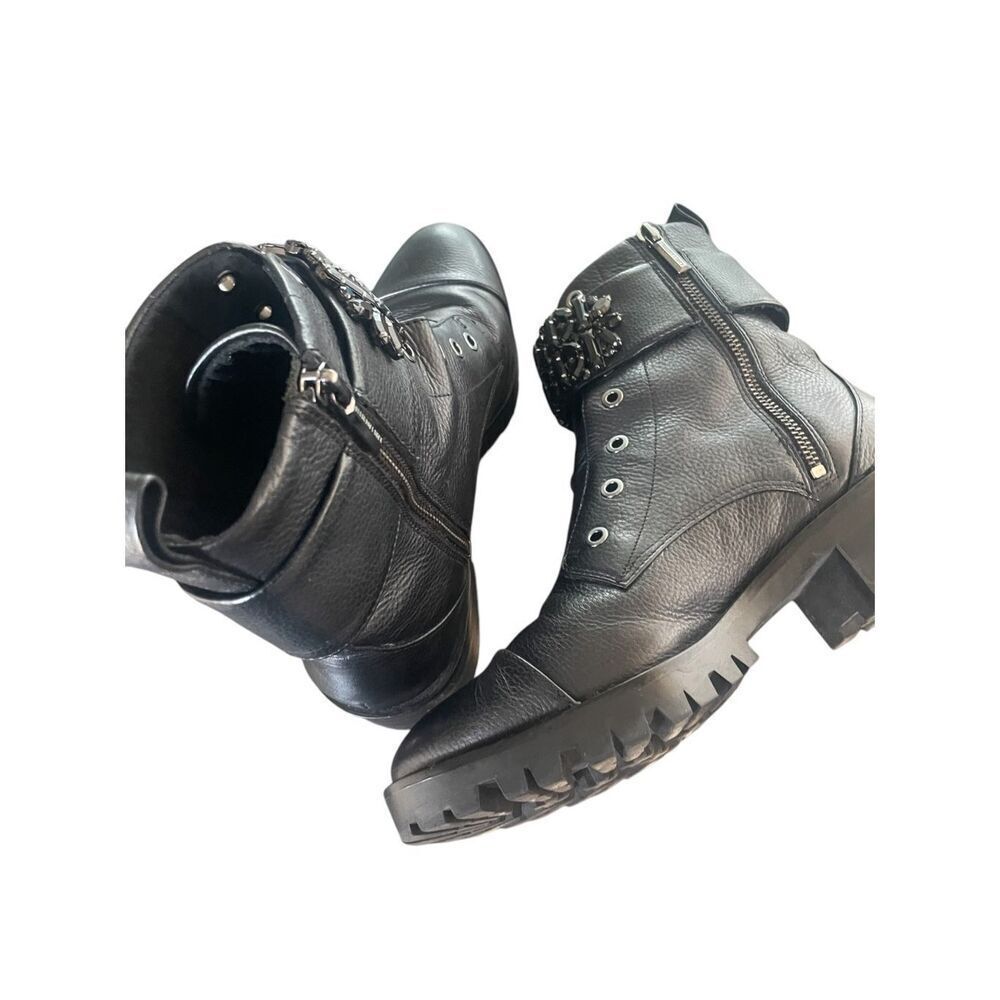 Karl Lagerfeld Pipa Crystal Embellished Platform Ankle Boots Black 9.5 Moto - Picture 2 of 10